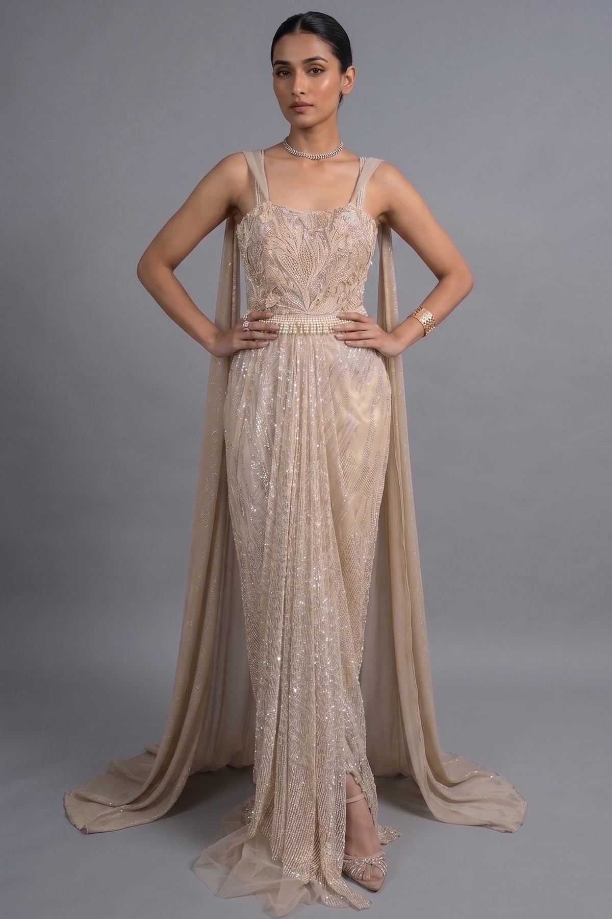 Champagne Beige Premium Net Hand-Embroidered Couture Gown with Watteau Trail Cape