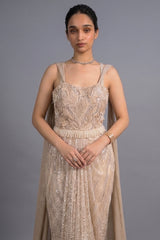 Champagne Beige Premium Net Hand-Embroidered Couture Gown with Watteau Trail Cape