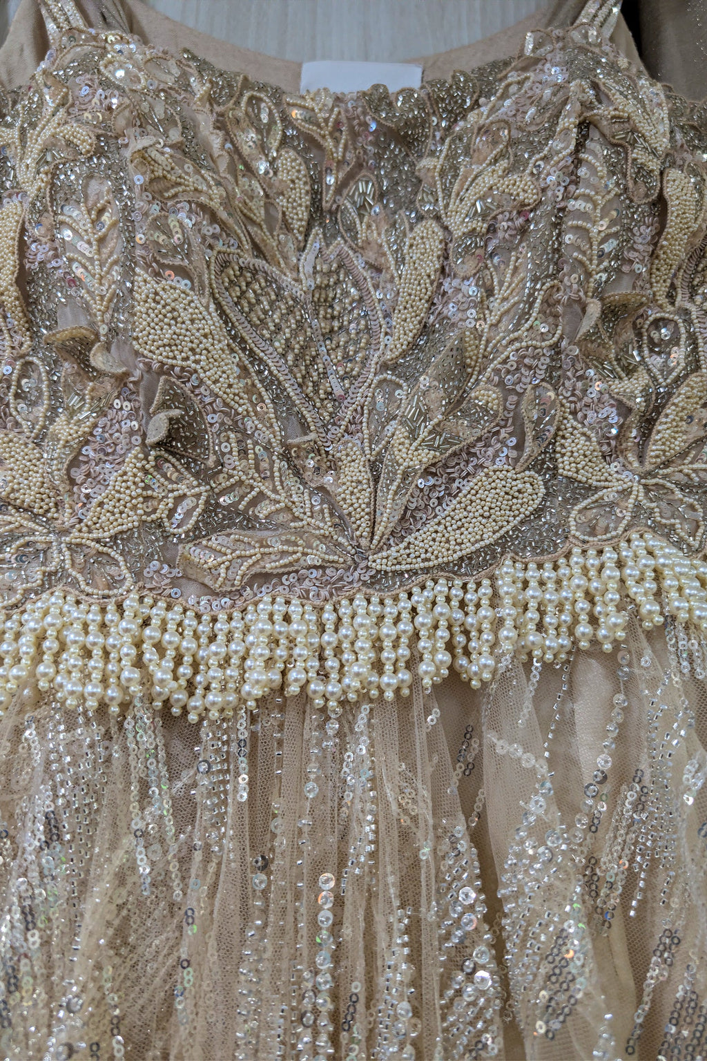 Champagne Beige Premium Net Hand-Embroidered Couture Gown with Watteau Trail Cape
