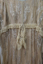 Champagne Beige Premium Net Hand-Embroidered Couture Gown with Watteau Trail Cape