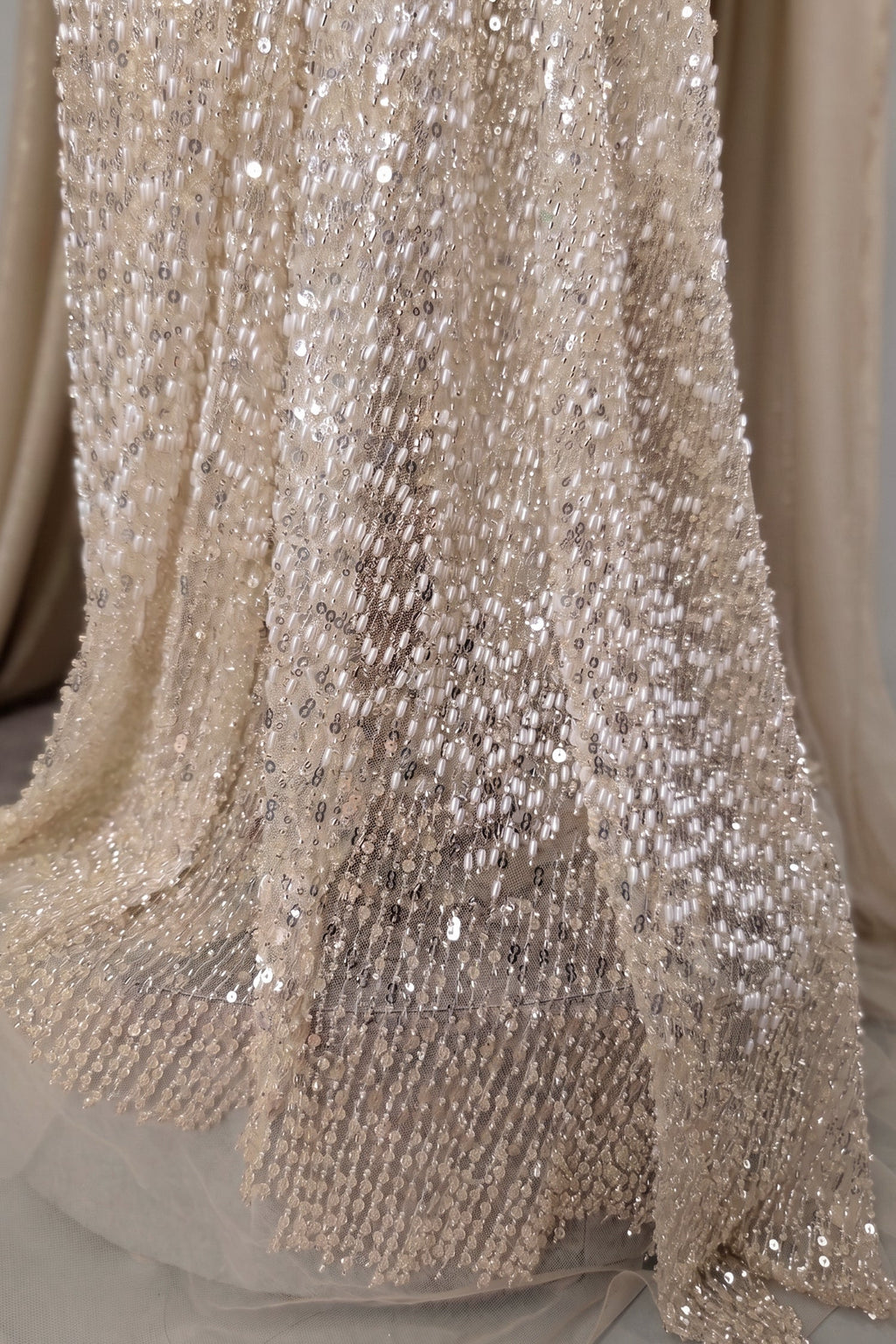 Champagne Beige Premium Net Hand-Embroidered Couture Gown with Watteau Trail Cape