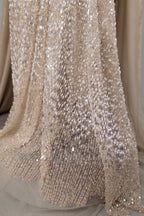 Champagne Beige Premium Net Hand-Embroidered Couture Gown with Watteau Trail Cape