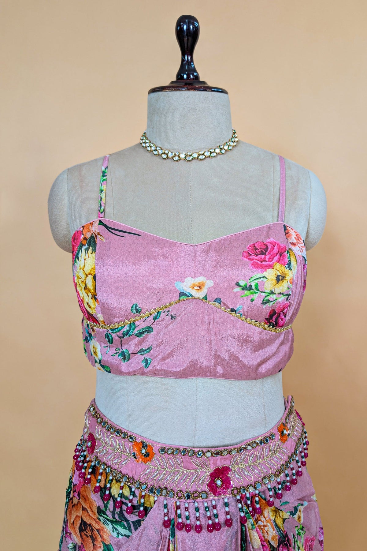 Rosewater Pink Crepe Satin Draped Co-ord Set with Hand-Embroidered Cape Jacket