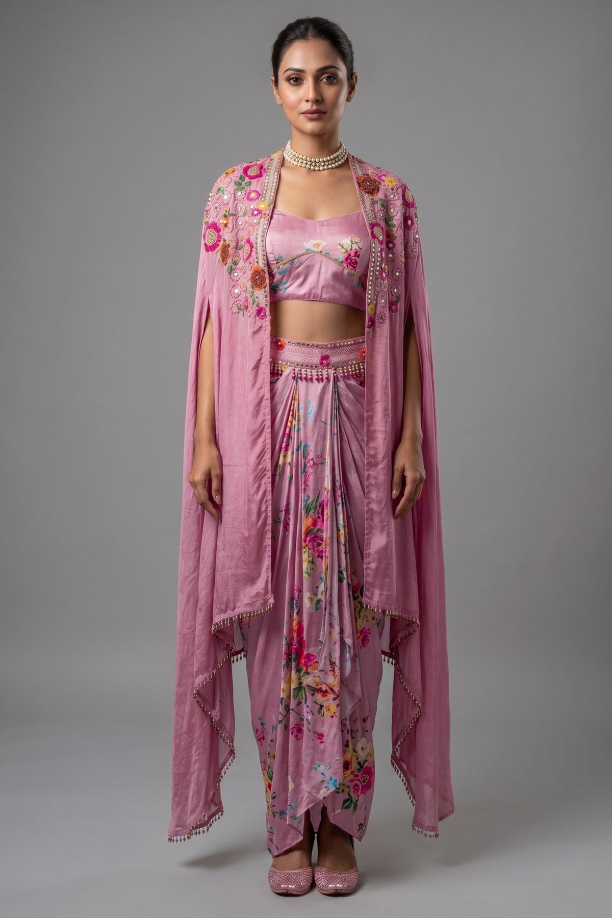 Rosewater Pink Crepe Satin Draped Co-ord Set with Hand-Embroidered Cape Jacket