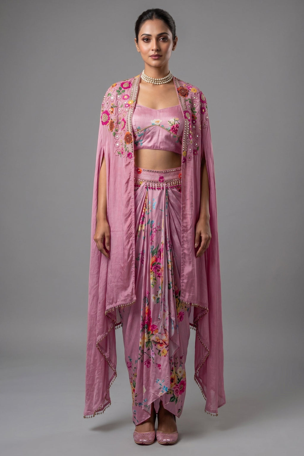 Rosewater Pink Crepe Satin Draped Co-ord Set with Hand-Embroidered Cape Jacket