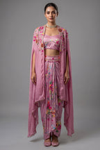 Rosewater Pink Crepe Satin Draped Co-ord Set with Hand-Embroidered Cape Jacket