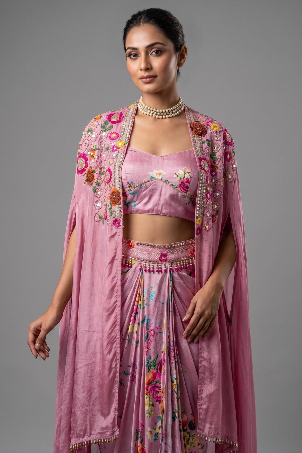 Rosewater Pink Crepe Satin Draped Co-ord Set with Hand-Embroidered Cape Jacket