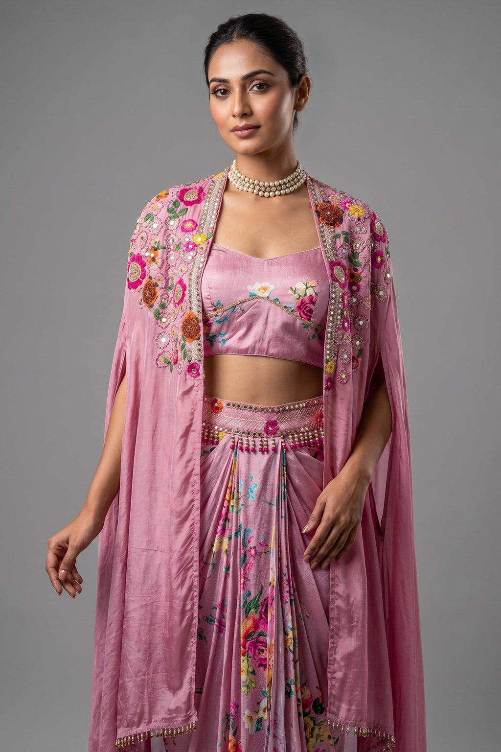 Rosewater Pink Crepe Satin Draped Co-ord Set with Hand-Embroidered Cape Jacket