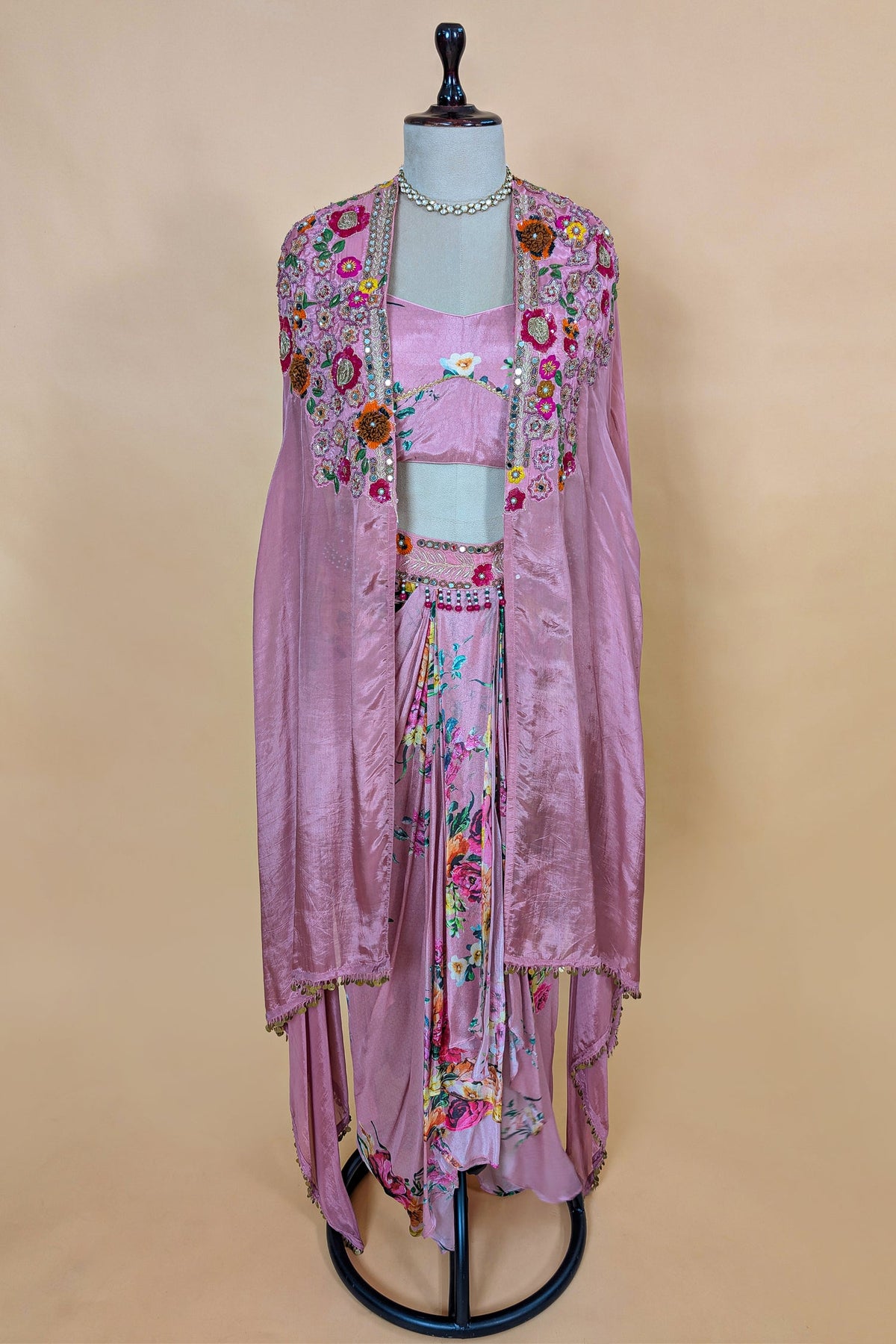 Rosewater Pink Crepe Satin Draped Co-ord Set with Hand-Embroidered Cape Jacket