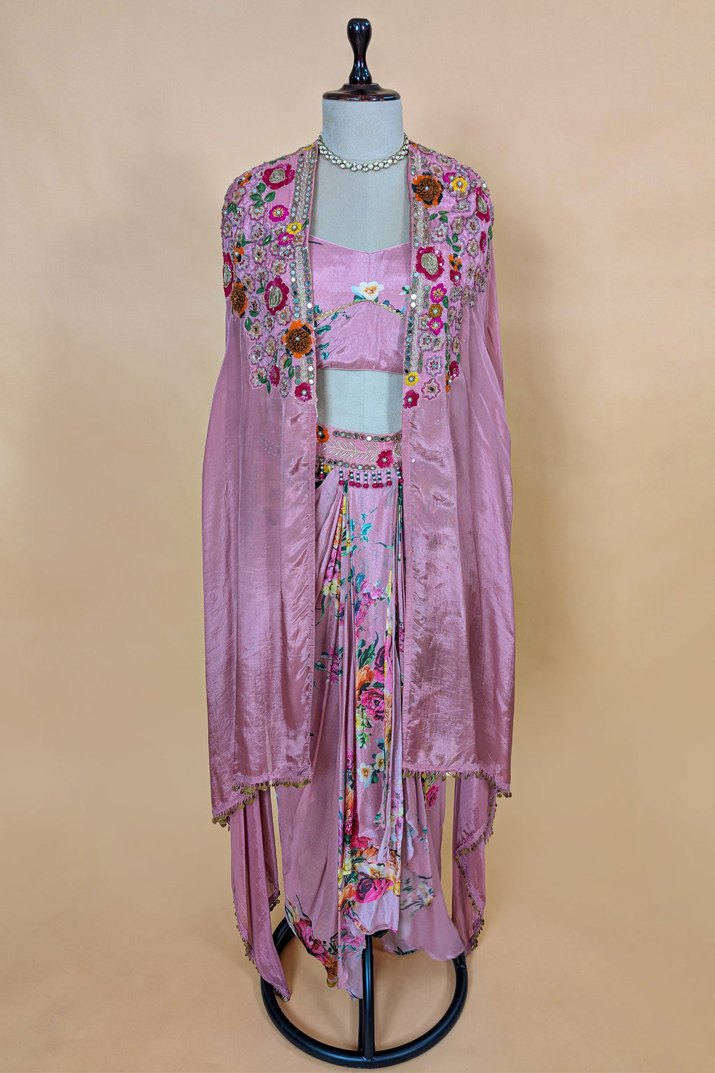 Rosewater Pink Crepe Satin Draped Co-ord Set with Hand-Embroidered Cape Jacket