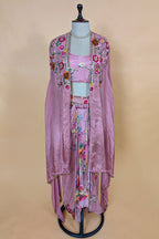 Rosewater Pink Crepe Satin Draped Co-ord Set with Hand-Embroidered Cape Jacket