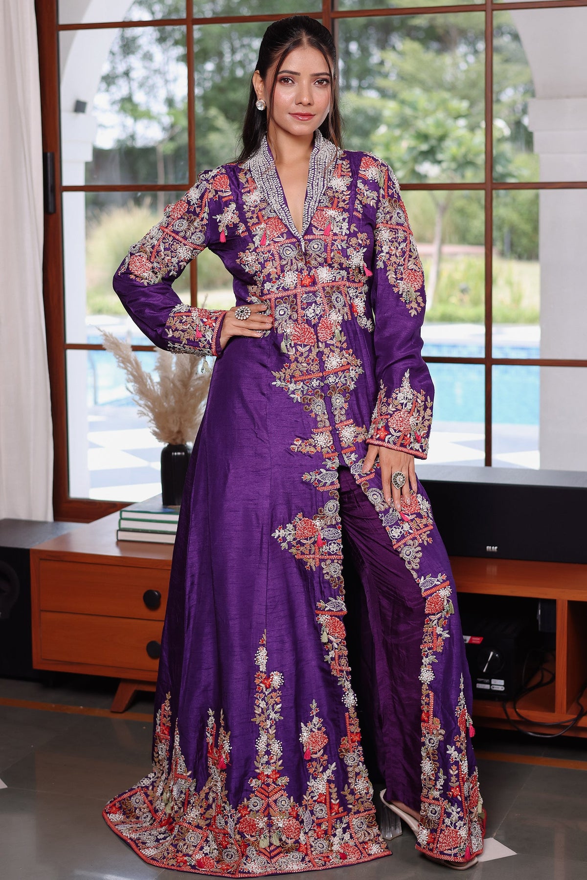 Purple Raw Silk Embellished Handworked Crop Top Jacket Set