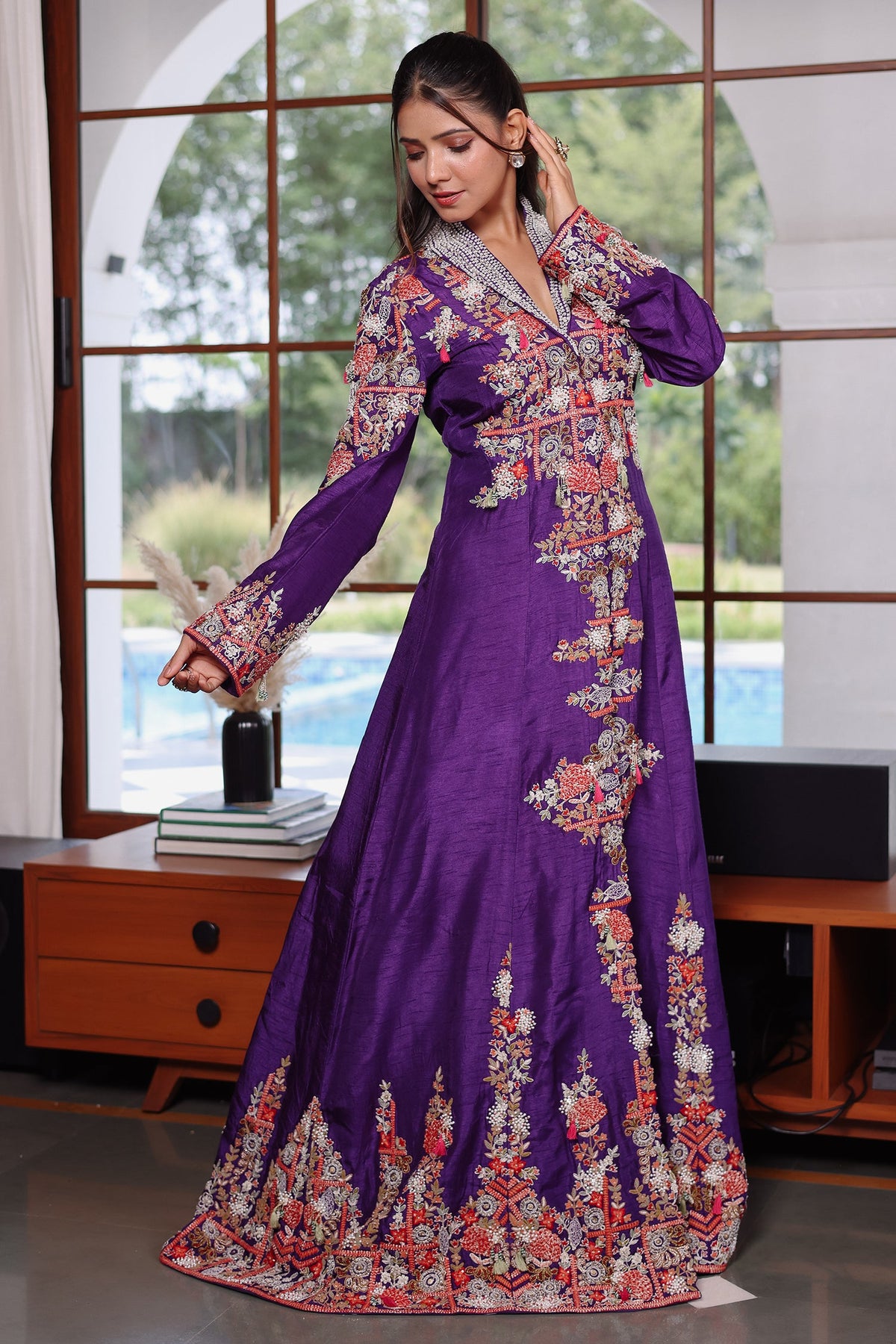 Purple Raw Silk Embellished Handworked Crop Top Jacket Set
