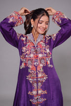 Purple Raw Silk Embellished Handworked Crop Top Jacket Set