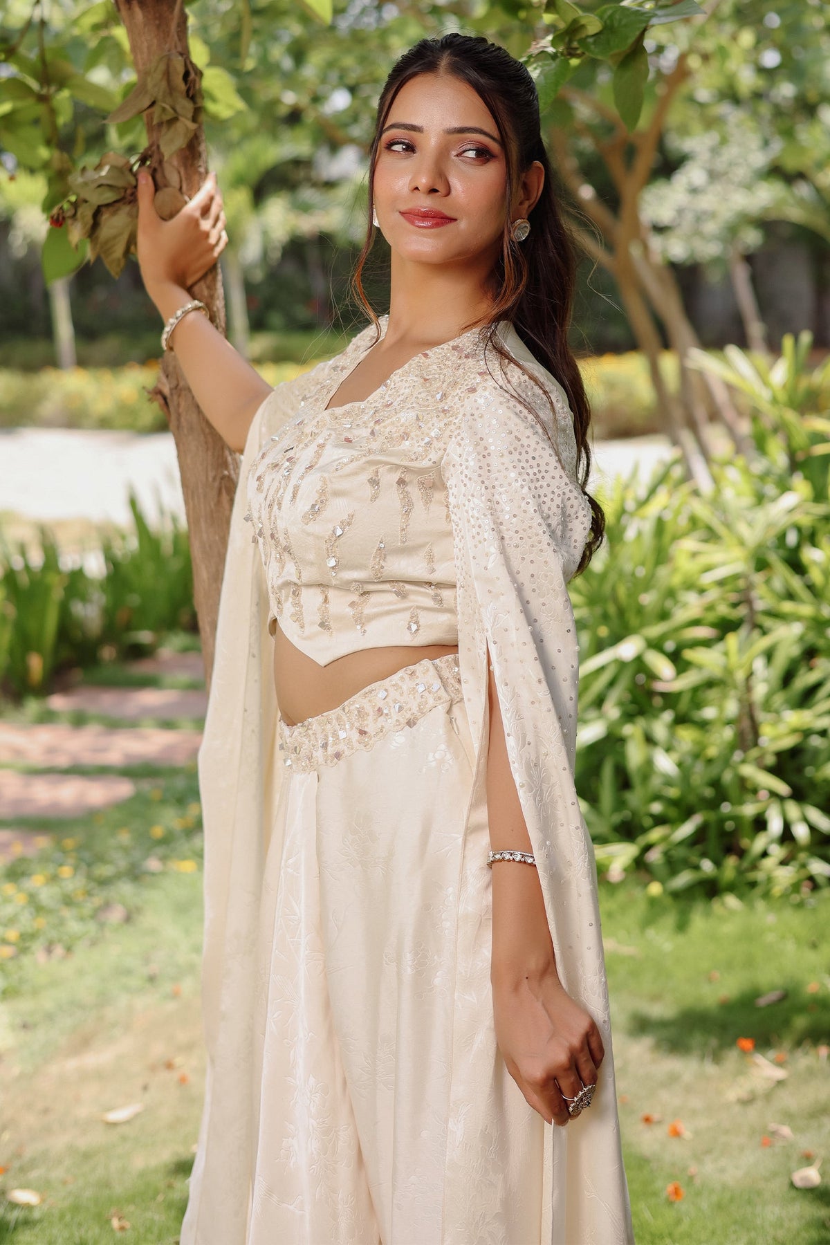Ivory White Imported Jacquard Sequin and Beaded Draped Skirt Set