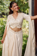 Ivory White Imported Jacquard Sequin and Beaded Draped Skirt Set