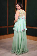 Sea Green Flared Chinon Palazzo and Raw Silk Bustier Co-Ord with Tasseled Zardosi and Mirror Embroidered Jacket