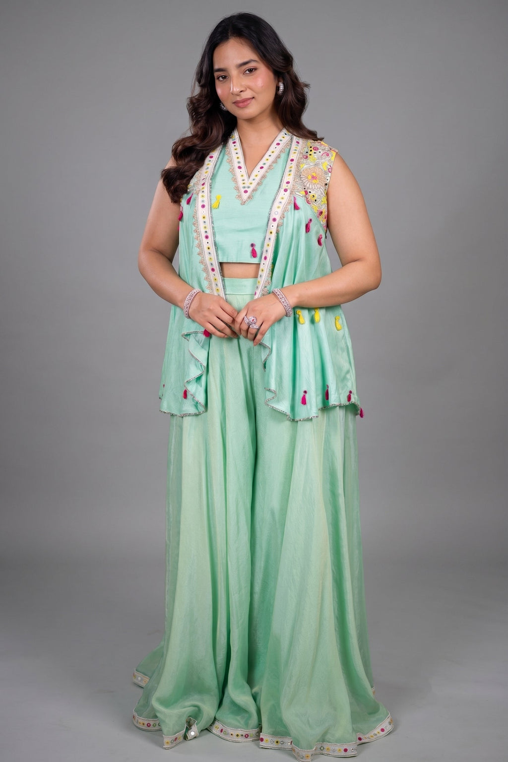 Sea Green Flared Chinon Palazzo and Raw Silk Bustier Co-Ord with Tasseled Zardosi and Mirror Embroidered Jacket