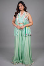 Sea Green Flared Chinon Palazzo and Raw Silk Bustier Co-Ord with Tasseled Zardosi and Mirror Embroidered Jacket