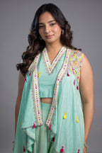 Sea Green Flared Chinon Palazzo and Raw Silk Bustier Co-Ord with Tasseled Zardosi and Mirror Embroidered Jacket