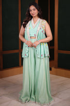Sea Green Flared Chinon Palazzo and Raw Silk Bustier Co-Ord with Tasseled Zardosi and Mirror Embroidered Jacket