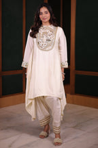 Ivory Silk Asymmetric High-Low Salwar Suit with Heavily Embroidered Yoke and Lime Green Organza Dupatta