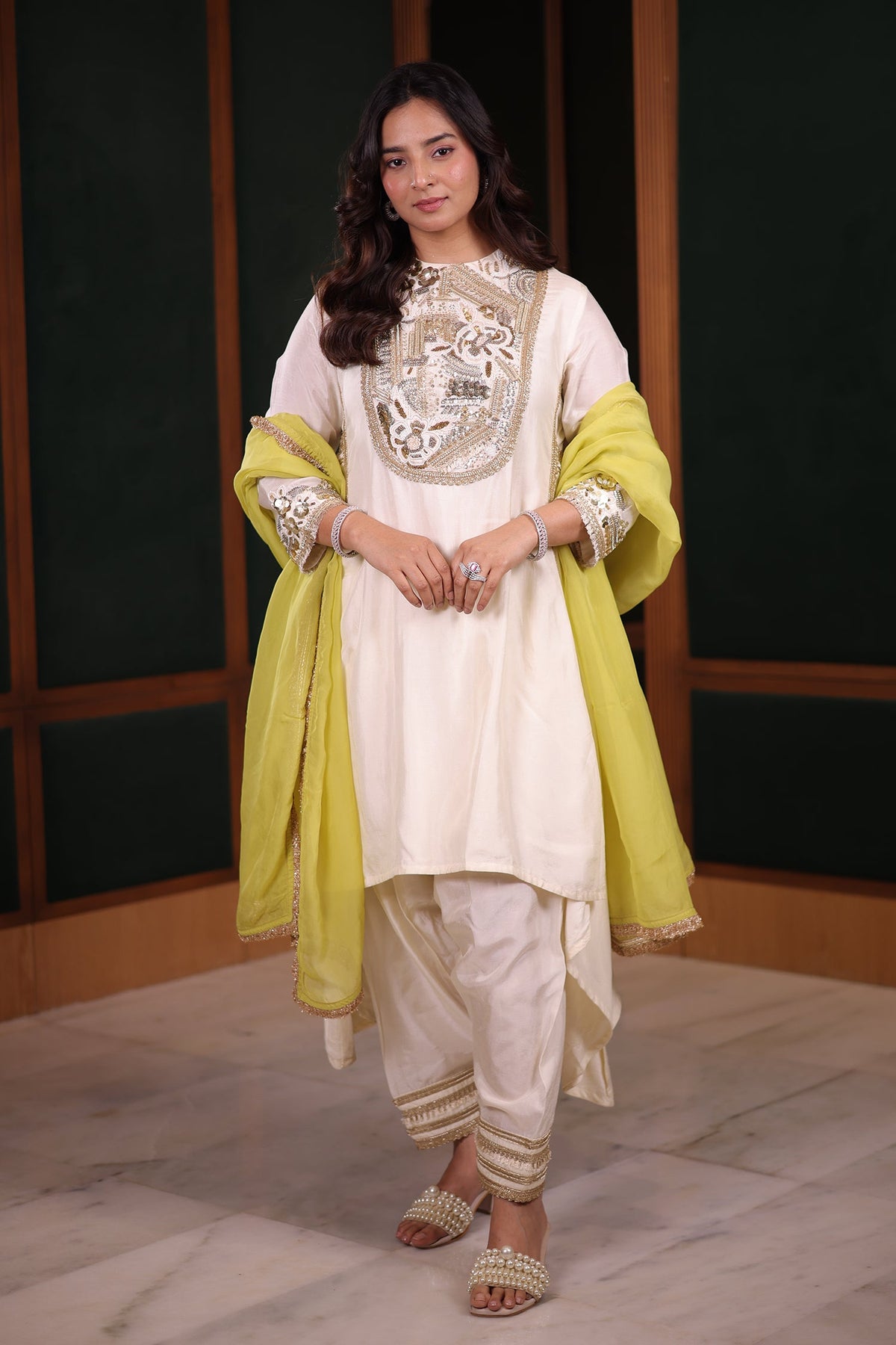 Ivory Silk Asymmetric High-Low Salwar Suit with Heavily Embroidered Yoke and Lime Green Organza Dupatta