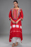 Crimson Red Crepe Silk Asymmetric Tunic Set with Encrusted Bead Yoke and Multicolor Tassels