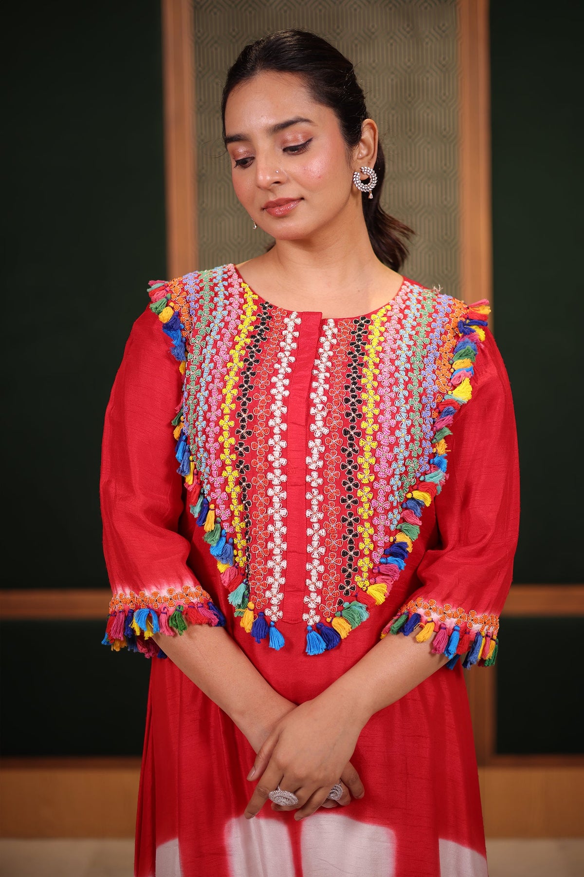Crimson Red Crepe Silk Asymmetric Tunic Set with Encrusted Bead Yoke and Multicolor Tassels