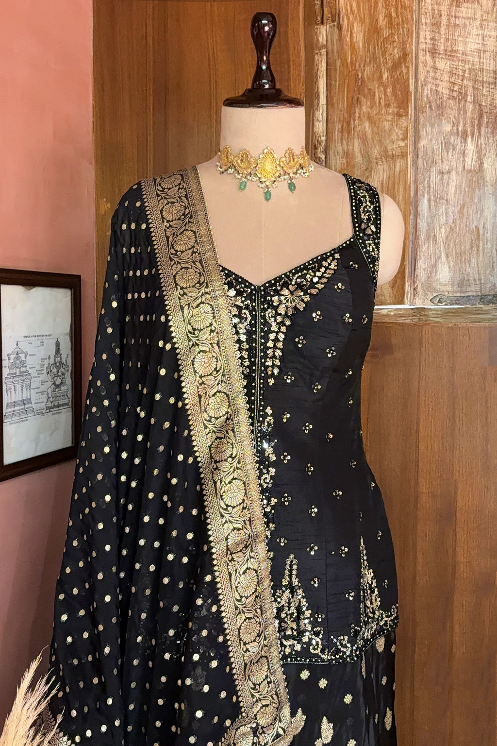 Midnight Black Raw Silk Straight Kurta with Crepe Satin Palazzo and Banarasi Georgette Dupatta Set