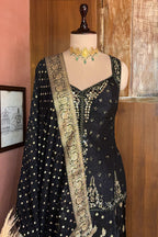 Midnight Black Raw Silk Straight Kurta with Crepe Satin Palazzo and Banarasi Georgette Dupatta Set