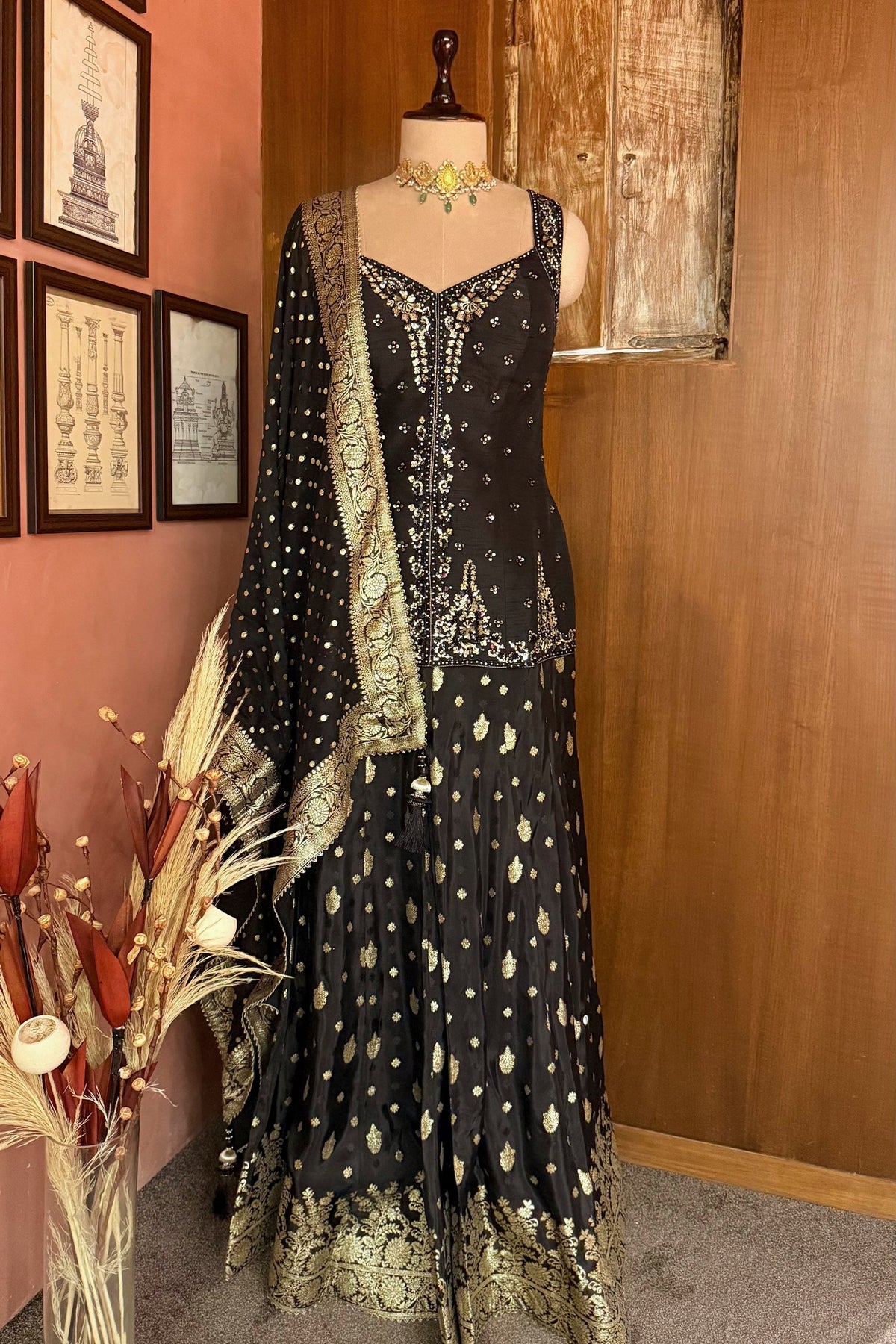 Midnight Black Raw Silk Straight Kurta with Crepe Satin Palazzo and Banarasi Georgette Dupatta Set