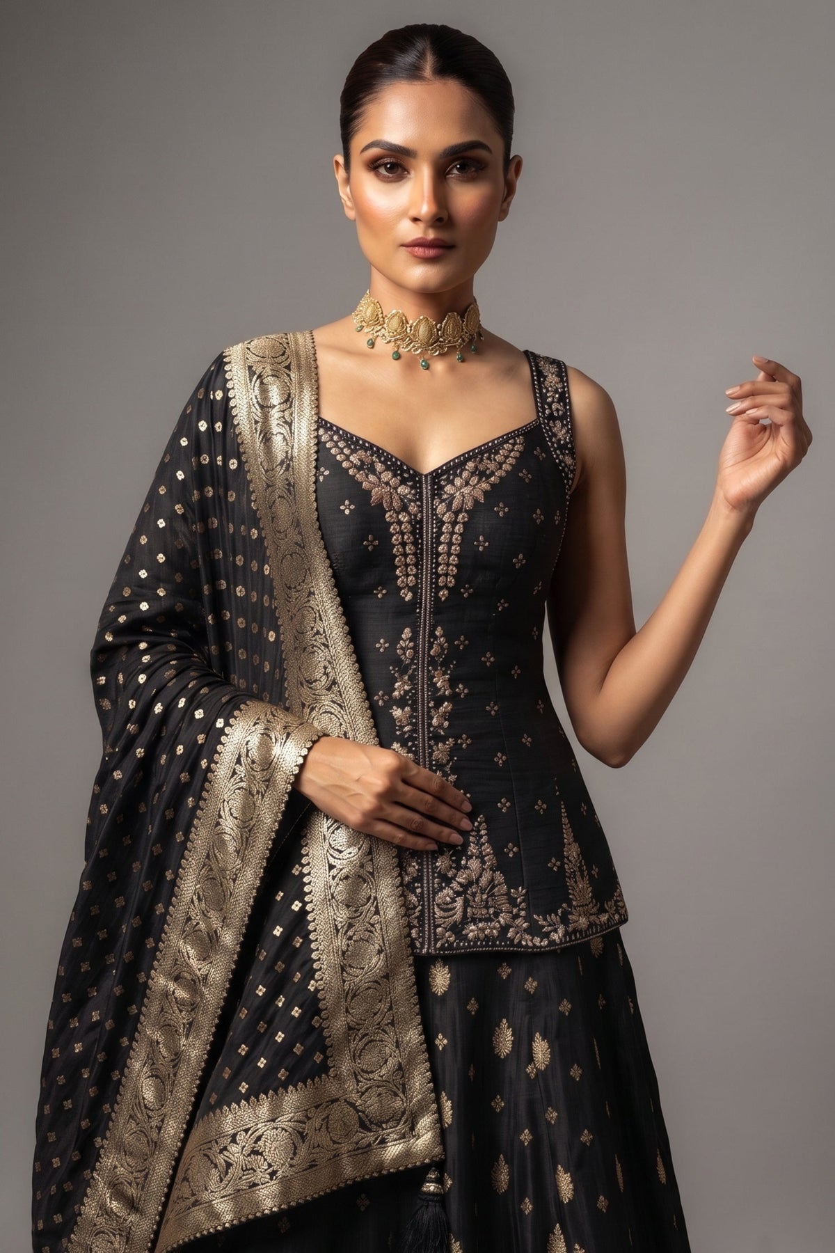 Midnight Black Raw Silk Straight Kurta with Crepe Satin Palazzo and Banarasi Georgette Dupatta Set