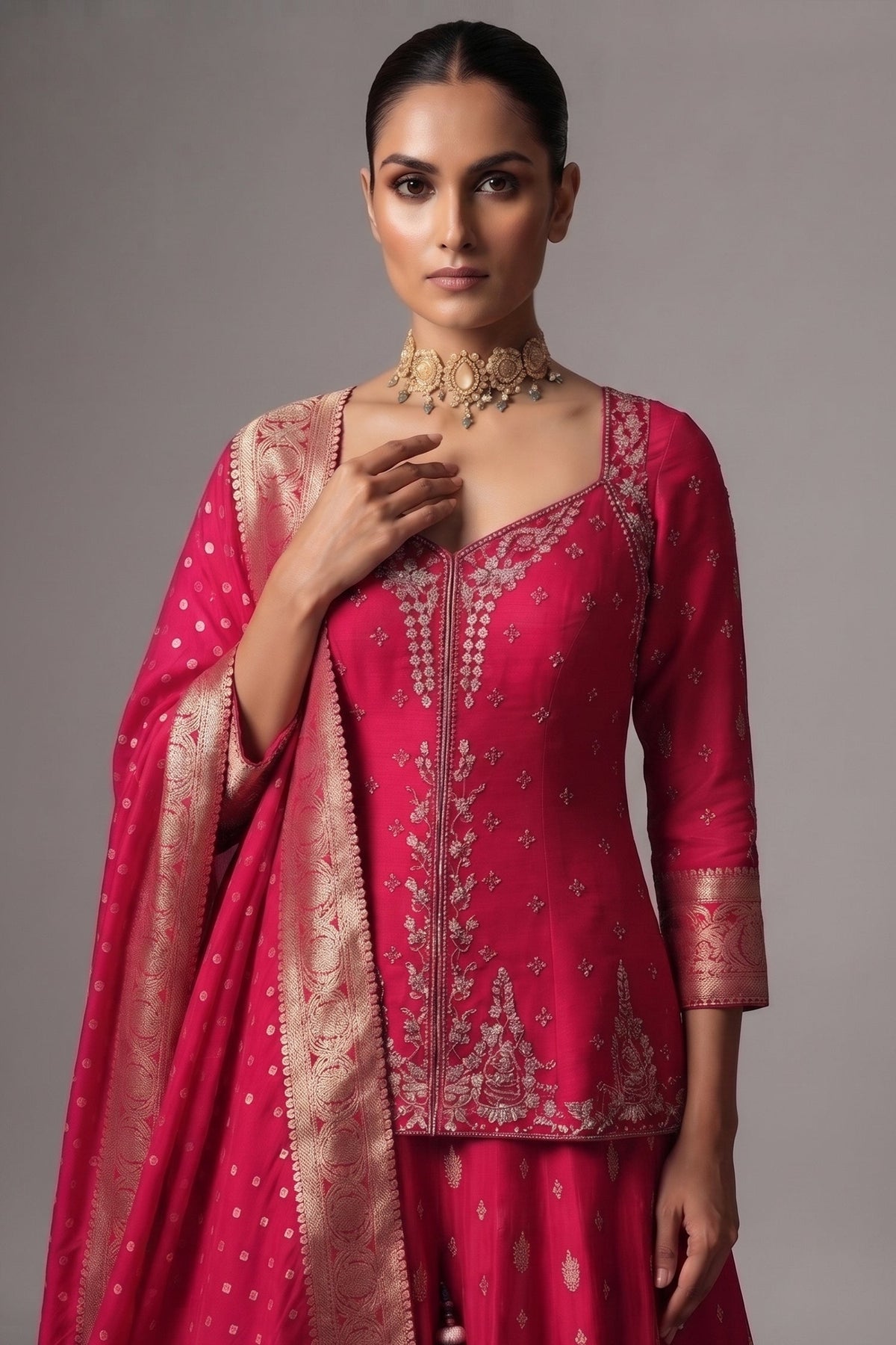 Fuchsia Pink Raw Silk Cutdana-Mirror Work Tunic Palazzo Suit