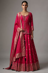 Peach-Purple Dual-Tone Tissue Silk Anarkali Gown with Cutdana-Mirror Bodice and Zari Weaving