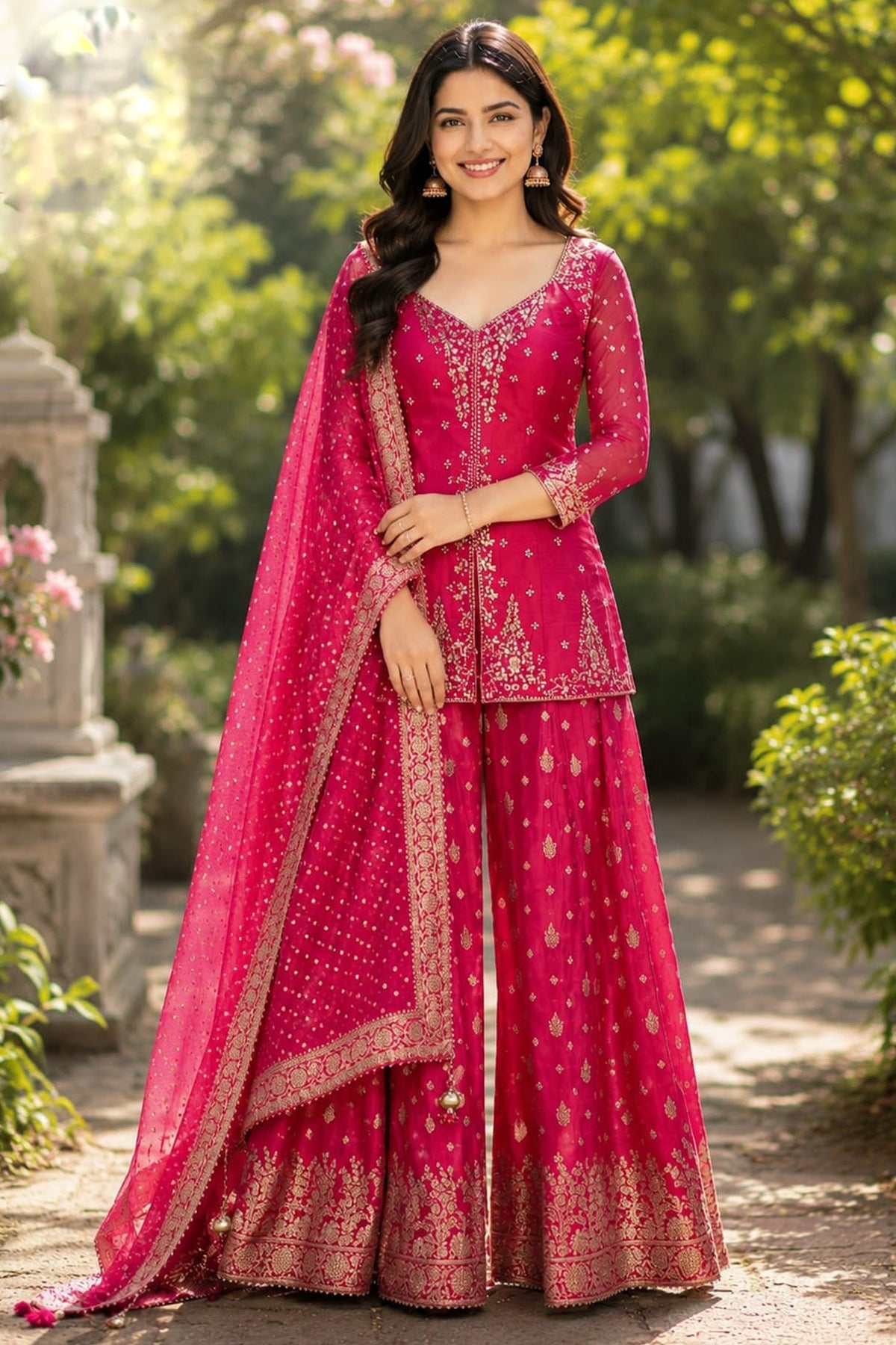 Fuchsia Pink Raw Silk Cutdana-Mirror Work Tunic Palazzo Suit
