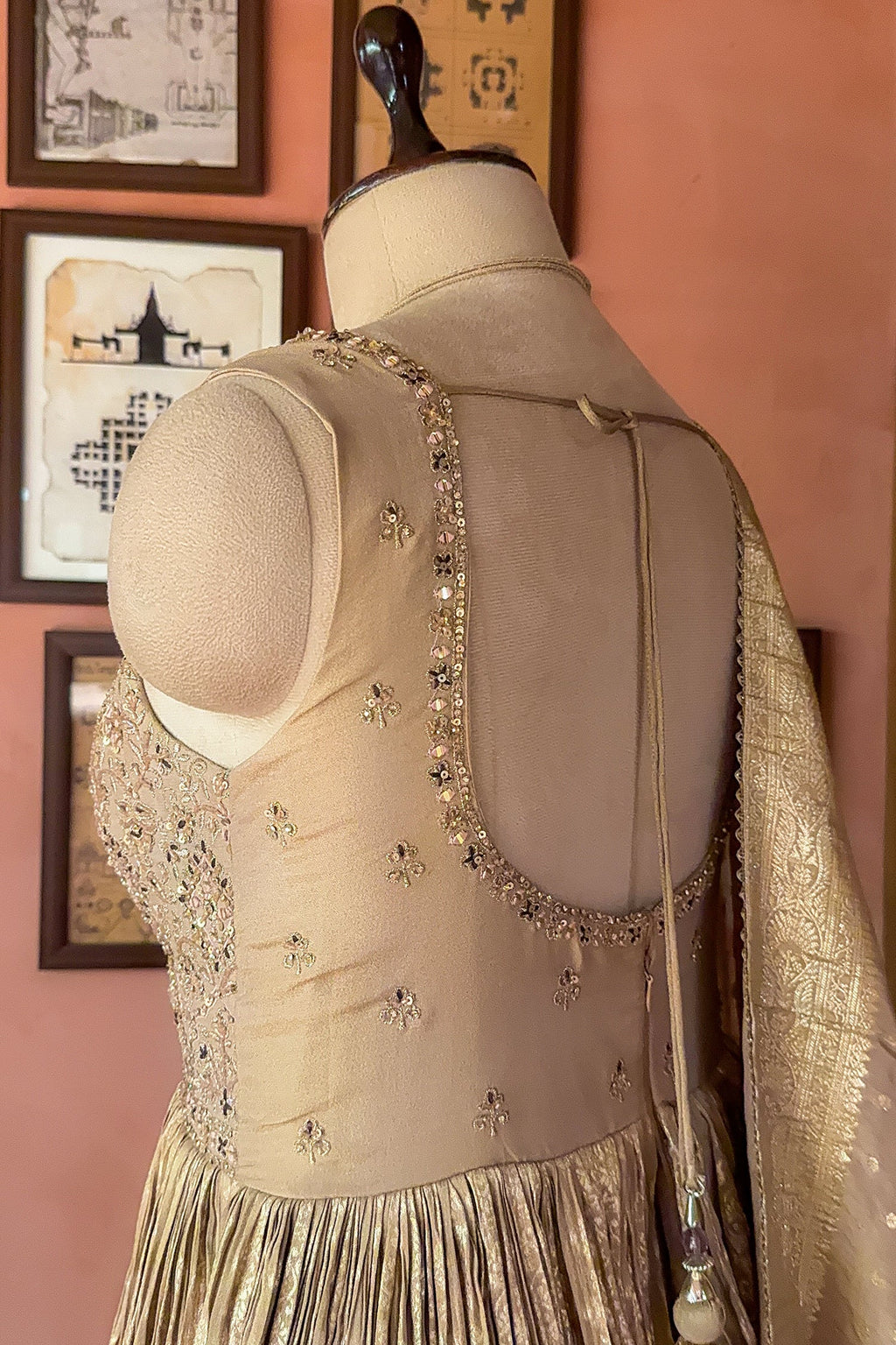 Peach-Purple Dual-Tone Tissue Silk Anarkali Gown with Cutdana-Mirror Bodice and Zari Weaving