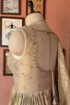 Peach-Purple Dual-Tone Tissue Silk Anarkali Gown with Cutdana-Mirror Bodice and Zari Weaving