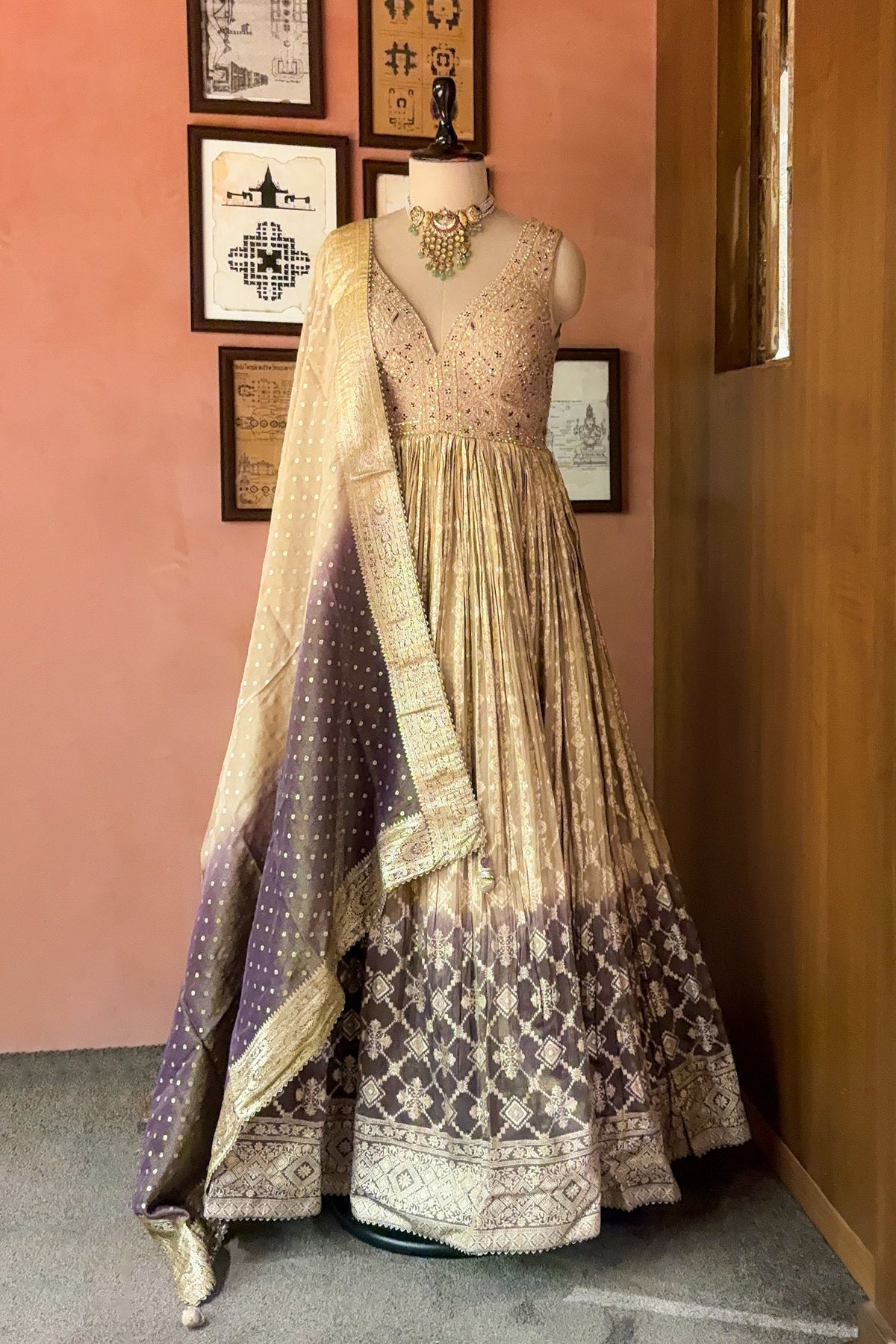 Peach-Purple Dual-Tone Tissue Silk Anarkali Gown with Cutdana-Mirror Bodice and Zari Weaving