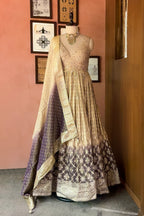 Peach-Purple Dual-Tone Tissue Silk Anarkali Gown with Cutdana-Mirror Bodice and Zari Weaving