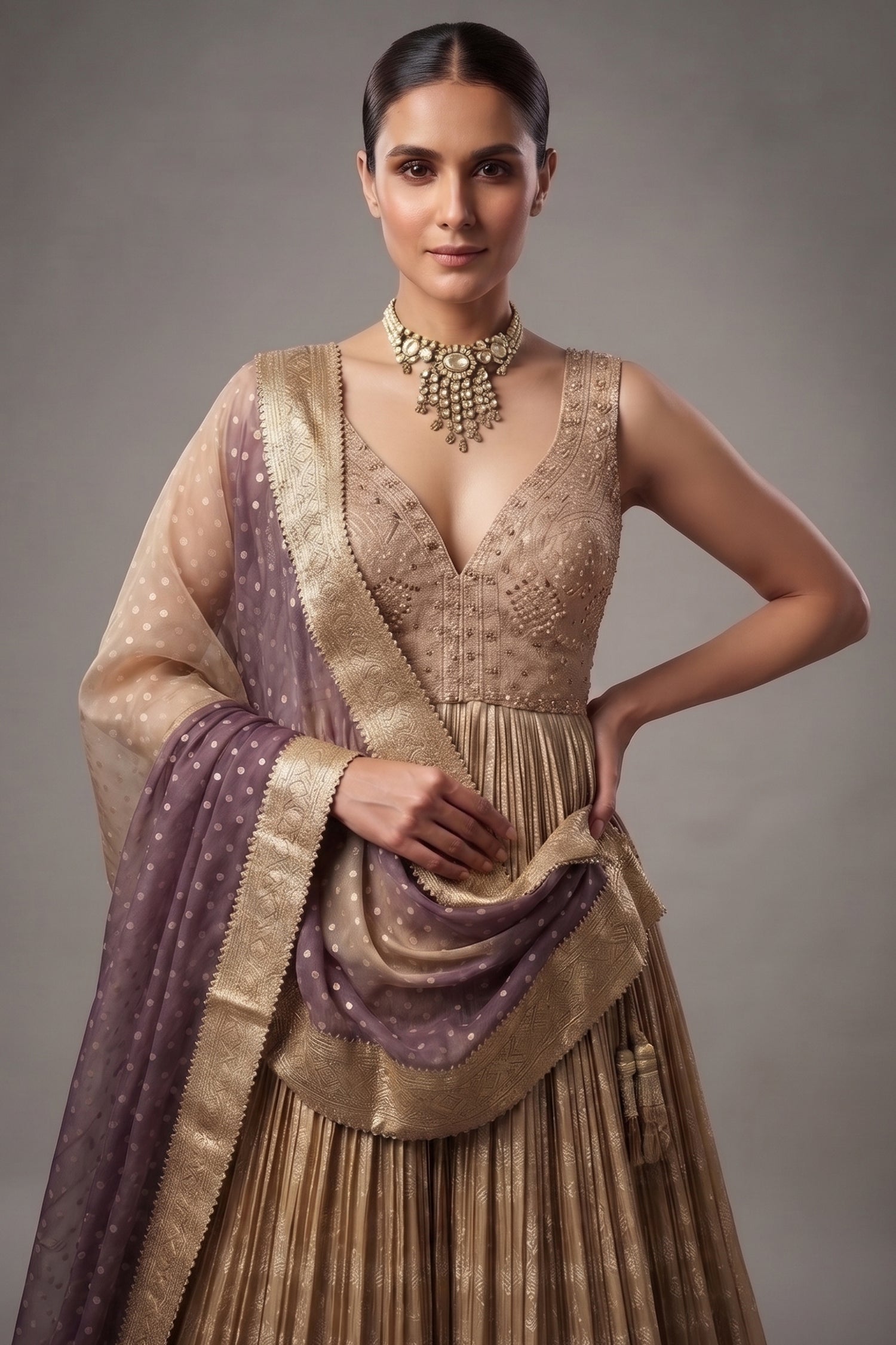 Peach-Purple Dual-Tone Tissue Silk Anarkali Gown with Cutdana-Mirror Bodice and Zari Weaving Secondary image