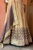 Peach-Purple Dual-Tone Tissue Silk Anarkali Gown with Cutdana-Mirror Bodice and Zari Weaving