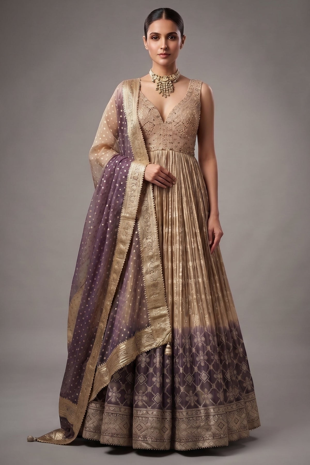 Chantilly White Georgette Evening Gown featuring Hand-Embellished Botanical Cutdana Bodice