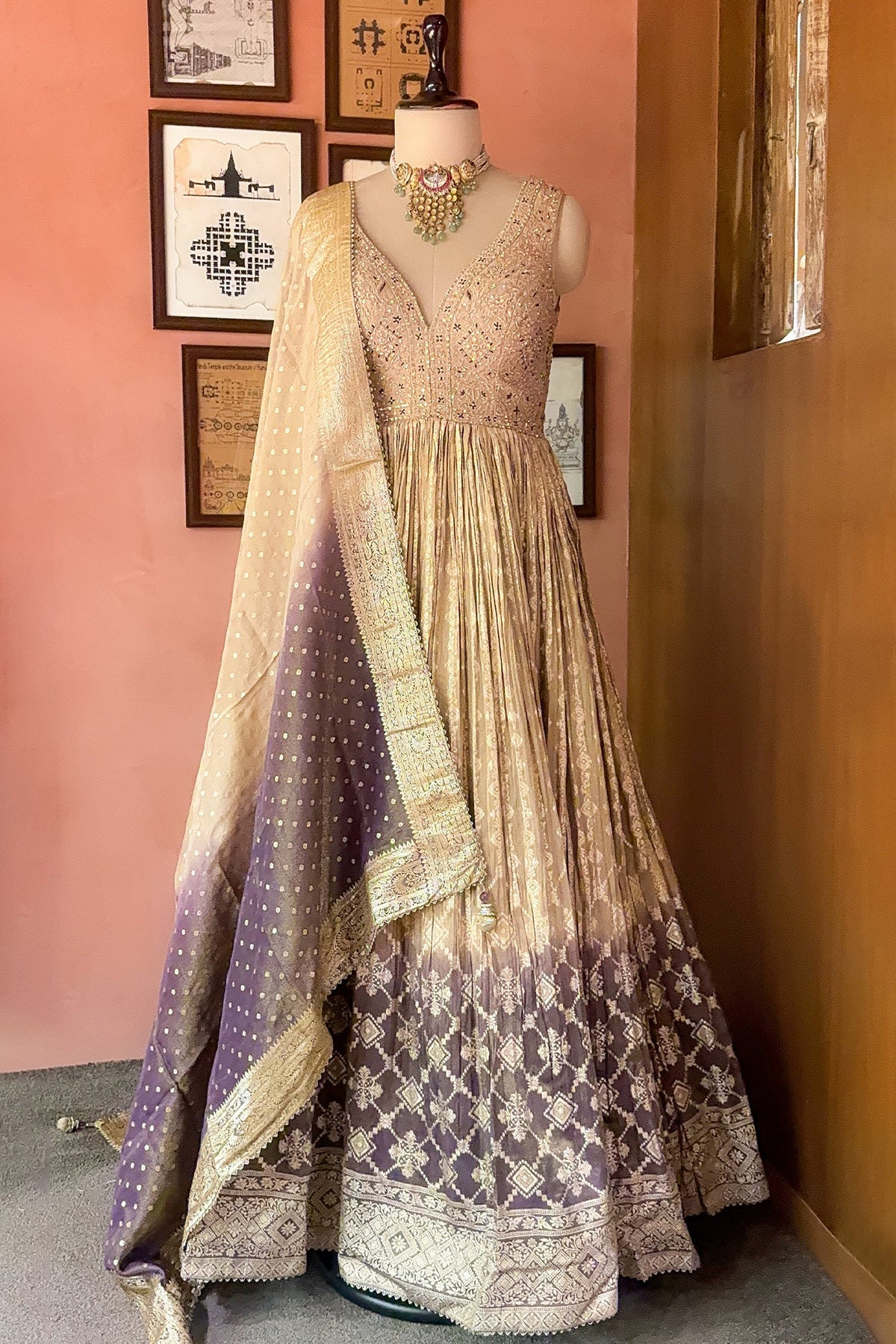 Peach-Purple Dual-Tone Tissue Silk Anarkali Gown with Cutdana-Mirror Bodice and Zari Weaving