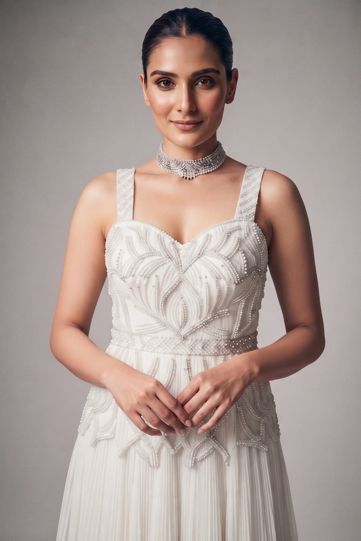 Chantilly White Georgette Evening Gown featuring Hand-Embellished Botanical Cutdana Bodice