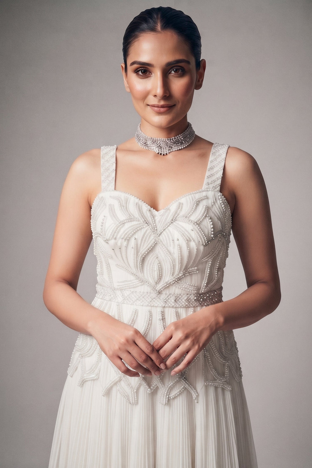 Chantilly White Georgette Evening Gown featuring Hand-Embellished Botanical Cutdana Bodice