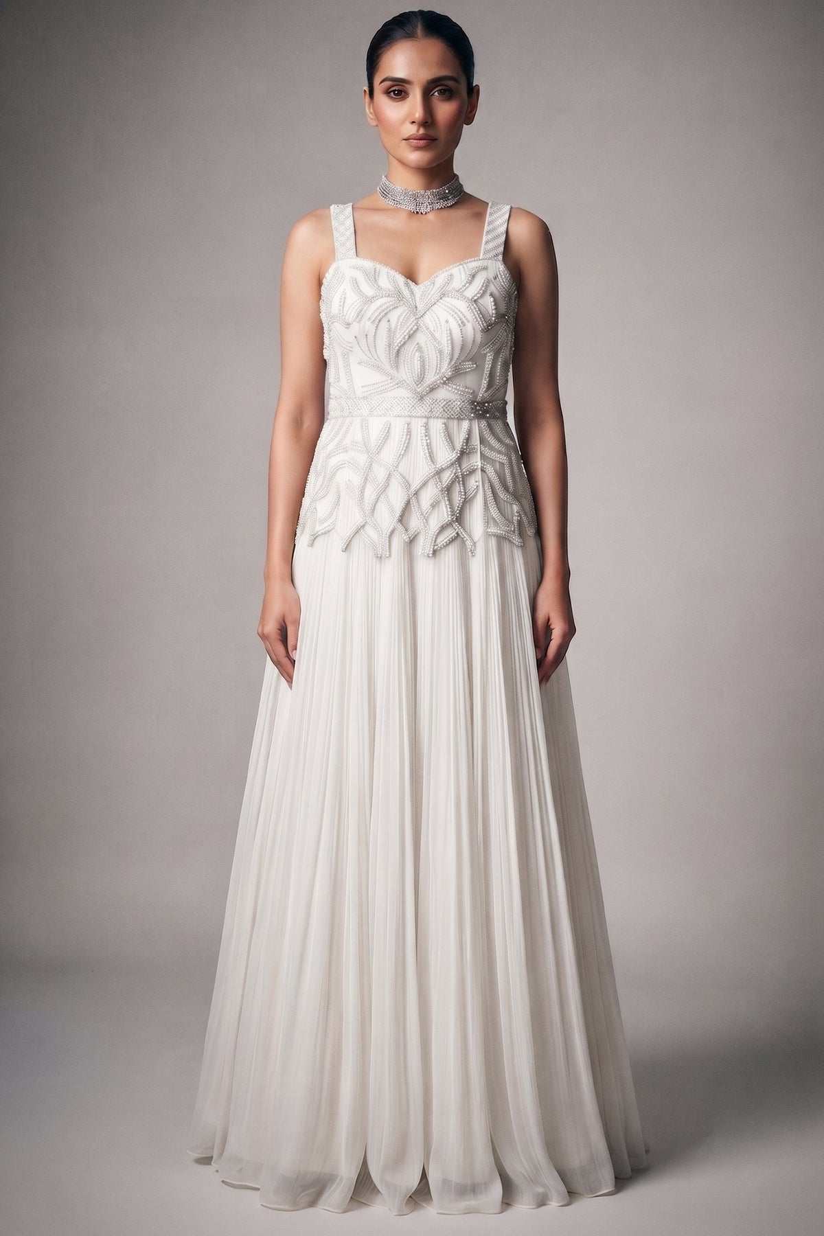 Chantilly White Georgette Evening Gown featuring Hand-Embellished Botanical Cutdana Bodice