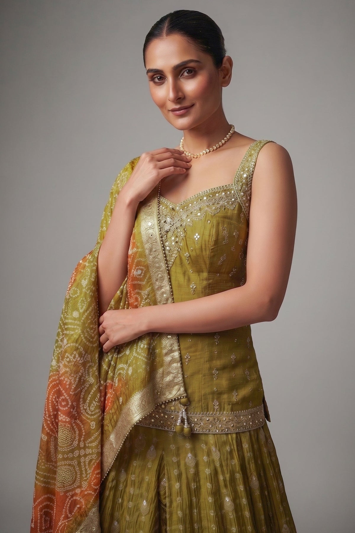 Mustard Raw Silk Hand-Embellished Palazzo Suit