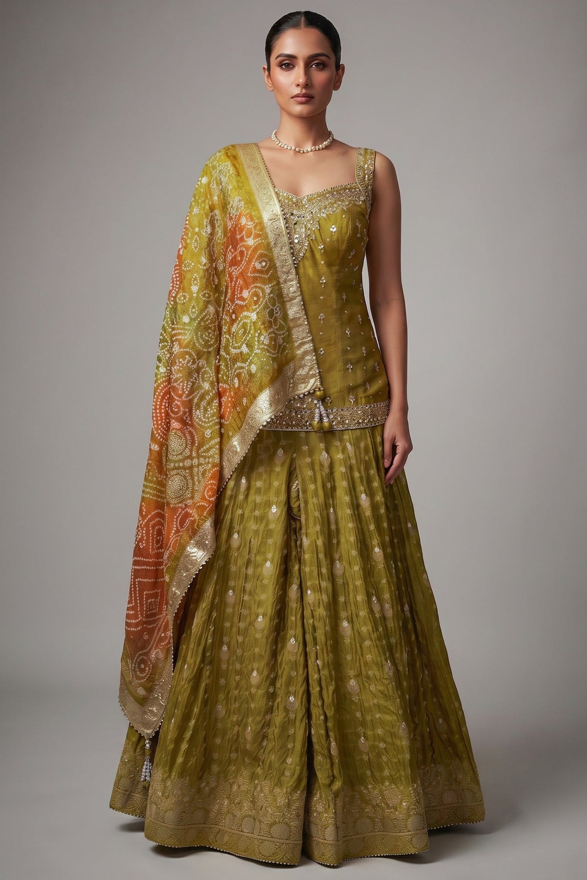 Mustard Raw Silk Hand-Embellished Palazzo Suit