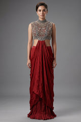 Bottle Green Crepe Silk Pre-Draped Cowl Skirt Set with Hand-Embellished Bandhani Weave Jacket Blouse